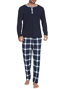 Ekouaer Schlafanzug Herren Lang Zweiteiliger Langarm Pajama Weich Sleepwear Atmungsaktive Loungewear Bequeme Nachtwäsche Navyblau XL