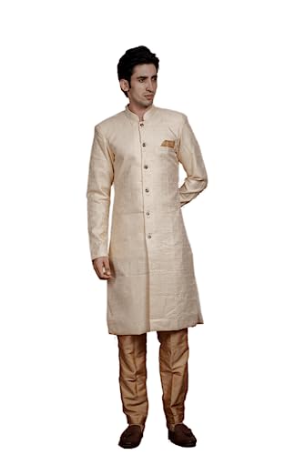 Image of Amzira Men's Soft Cotton Indo Western Kurta Pyjama Set with Mandarin Collared Neck Long Sleeves Button Closure and Solid Pant