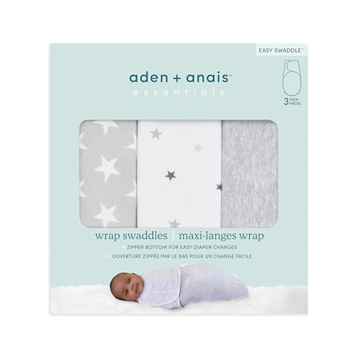 Image of aden + anais Essentials Easy Swaddle Wrap Quick Change with Bottom Zipper, Snug Cotton Knit Baby Wrap Swaddle Blanket for Newborns, TOG 1.0, 3-Pack, Twinkle, 0-3 Months, Small /Medium