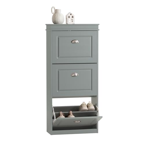 SoBuy Schoenenrek met 3 Klapdeuren, Smal Schoenenorganizer, Ruimtebesparend Schoenenrek, Grijs, 53 x 24 x 117 cm, FSR94-HG