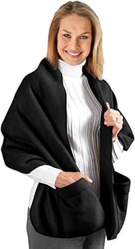 Warm and Cozy Fleece Wrap Shawl with Large Front Pockets - Black
