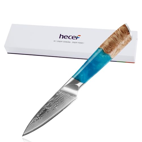 hecef Paring Knife Small 3.5 Inch – Damascus Steel Blade, Blue Resin Handle – Ultra Sharp Precision Knife for Peeling & Slicing Fruit and Vegetables, Gift for Home Cooks