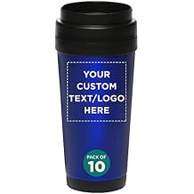 Custom Insulated Stainless Steel Travel Mugs 16 oz. Set of 10, Personalized Bulk Pack - Perfect for Iced Coffee, Soda, Other Hot & Cold Beverages - Blue