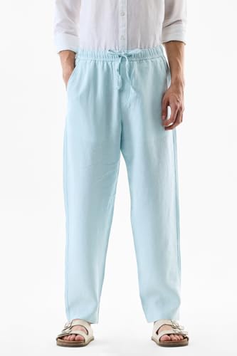Image of SNITCH Men Trousers | Relaxed Fit Mid Rise Drawstring Waist | 100% Linen Lightweight & Breathable Fabric | Ideal for Casual Summer & Beach Wear