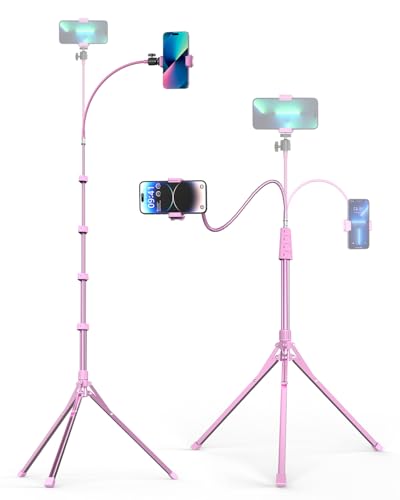 Aureday Phone Tripod 92 Cell Phone Stand with 15 Gooseneck Remote and Phone Holder Overhead & Selfie Stick for Recording/Watching/Vlog Compatible with iPhone Android Pink