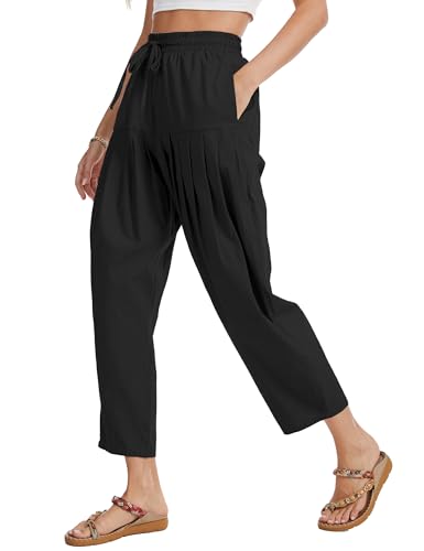 DAOAO Cotton Linen Barrel Pants Women Wide Leg Hippie Boho Casual Loose Harem Pants Pleated Pull On Elastic Waist Black XL