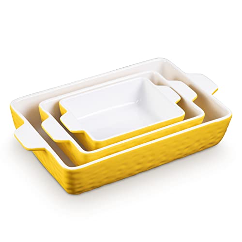 Garvee Juego de 3 platos para hornear de cerámica, cacerola rectangular para horno con asas, moldes profundos para hornear lasaña para hornear, cocinar, cena de pasteles, regalo de boda, amarillo