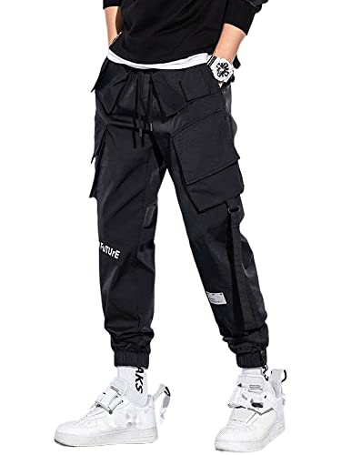Mens Fashion Streetwear Black Cargo Jogger Pants Active Elastic Waist Hip Hop Punk Sport Jogger Pants with Multi Pockets (XK27-black,28)
