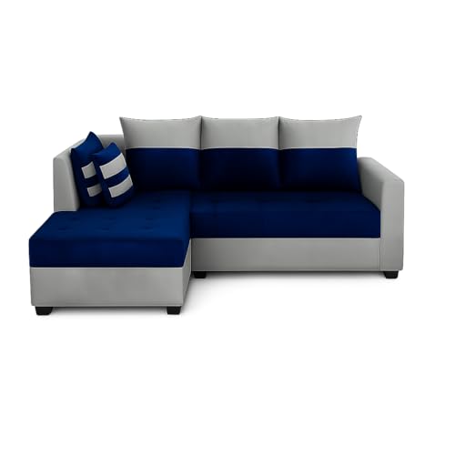 Image of FURNY Stylecon 4 Seater Fabric LHS L Shape Sofa Set (Blue-Light Grey) | Premium Velvet Finish | Ideal of Living Room