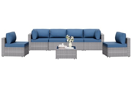 Shintenchi 7 Pieces Outdoor Patio Furniture Sets, Patio Sectional Sofa Couch, Silver Gray PE Wicker Furniture Modular Patio Conversation Sets Patio Sofa with Washable Cushions (Aegean Blue)