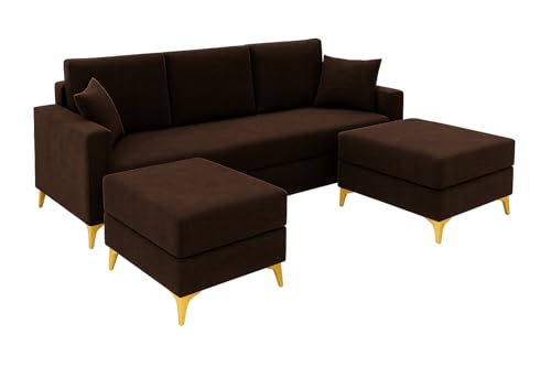 Image of SOCOZI Bravelle 5 Seater L Shape Sofa Set with 2 Movable Ottomans | Flexible Layout| Soft Velvet Suede Fabric|Modern Sofa | Plush Comfort Cushions for Living Room (Dark Brown)