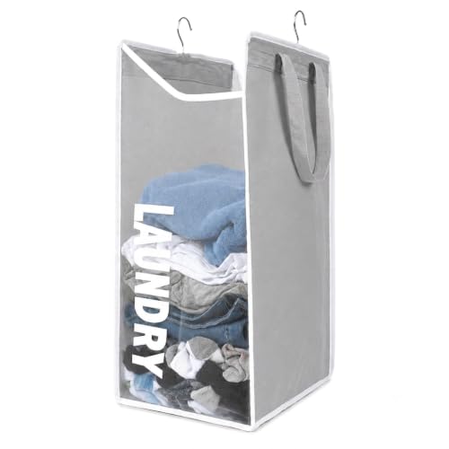 DONAQ Hanging Laundry Hamper Bag for Closet – Space Saving hanging basket with handles, Portable Heavy Duty Laundry Bag with See-trough Mesh - Closet Organizer with Smart Side Zipper, Black & Gray