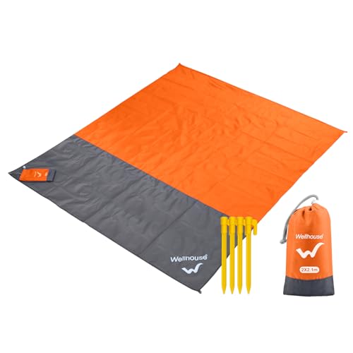 wellhouse Sandproof Beach Blanket,Camping Mat Waterproof Picnic Blankets with Floating Waterproof Phone Pouch Washable Rug for Travel Hiking Music Grass BBQ (Orange) - image 1