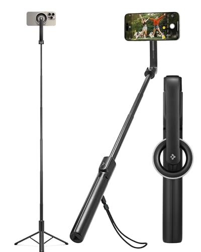 Spigen S580W (MagFit) Selfie Stick Tripod Stand with Bluetooth Remote Control Shutter 24 Extendable Holder Compatible with MagSafe iPhone 16/15/14/13/12 Pixel 10/Pro/Pro XL/Fold & More - Black