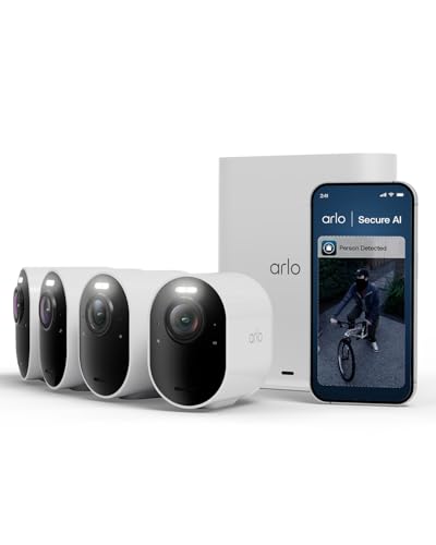 Arlo Ultra 3 Security Camera Outdoor Wireless, 4K UHD, 180 View, AI Detection, Auto Tracking, Colour Night Vision, CCTV, Arlo Secure Trial Included, 4 Cameras with Smarthub for Local Storage, White