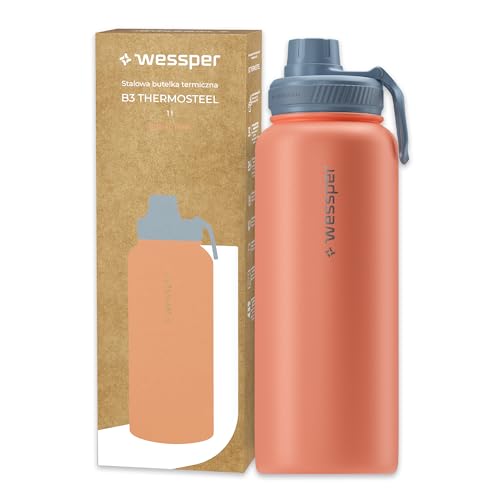 Wessper Stalowa Butelka Termiczna 1000ml Szczelna Butelka Termos BPA-Free +3 Zakrętki | Różowa Nowoczesna Butelka do Picia ze Stali Nierdzewnej, Utrzymuje Ciepło i Zimno | dla Dzieci i Dorosłych