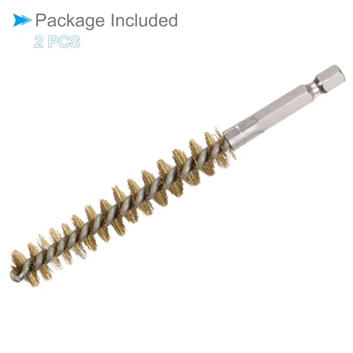Image of Bore Brush, 12mm Dia 75mm Length, Brass Twisted Cleaning Wire Brushes with 1 /4 inch Hex Shank - (Applications: for Power Drill), 2-Pieces