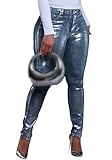 LKOUS Women's High Waist Stretchy Skinny Metallic Silver Jeans, Sexy Sparkly Slim Fit Denim Pants with Pockets