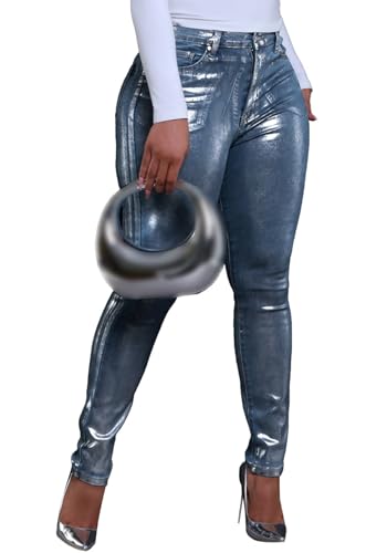 LKOUS Women's High Waist Stretchy Skinny Metallic Silver Jeans, Sexy Sparkly Slim Fit Denim Pants with Pockets