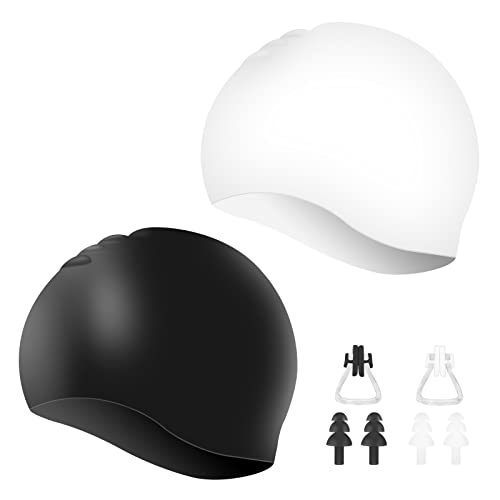 2 Pack Unisex Swim Caps Waterproof Silicone Swimming Caps Durable Elastic Non-Slip Bathing Swimming Pool Caps With Ear Plugs & Nose Clips For Women Men Adults Boys Girls, Black & White #TOP4