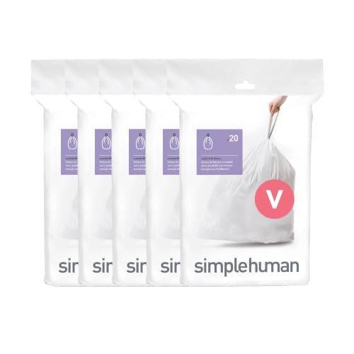 Image of simplehuman Code V 100 Count Custom Fit Liners, Drawstring Kitchen Bin Bags, One-by-One Mess-Free Dispense, Extra Thick & Double Seamed, 50% PCR Plastic, 16-18 Litre, White