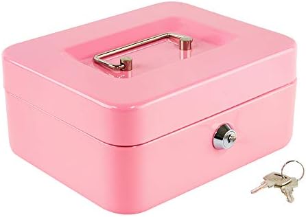 Kyodoled Medium Cash Box with Money Tray,Small Safe Lock Box with Key, Drawer,7.87"x 6.30"x 3.54" Pink