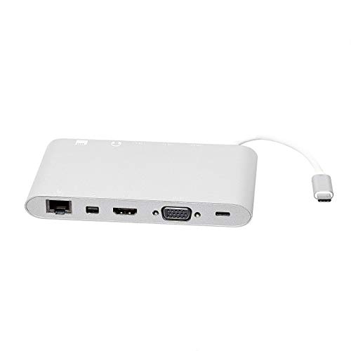 Amazon Basics – Estación de acoplamiento tipo C de aluminio con Mini DisplayPort, HDMI, VGA, 3 USB-A, Ethernet, lector de tarjetas SD/TF, audio y puerto de carga tipo C (PD 100 W), compacta, plata