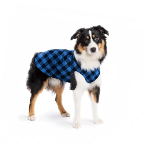Image of Goldpaw Stretch Fleece Dog Sweater - with Spandex for 4-Way Stretch - Soft, Comfortable Dog Coat - Machine Washable - Made in the USA - Cobalt Buffalo Check - Size 14