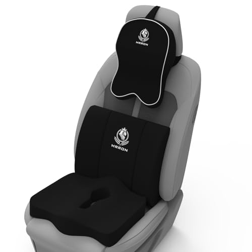 Image of MRRON Memory Foam Car Seat Cushion Combo - Backrest, Coccyx Cushion & Neckrest - Orthopedic Support for Back, Tailbone, Sciatica & Neck Pain - Ergonomic Comfort for Car, Office. (Black, Lumbar)