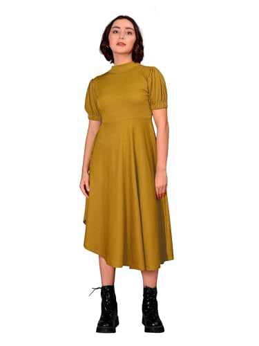 Image of PURVAJA Women's Fit & Flare Knee Length Short Sleeve Turtle Neck Solid Dress
