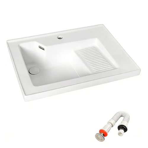 Lavadero Pila Exterior con Tabla de Lavar, de Cerámica, Lavabo Sobre Encimera con Tubería de Desagüe, para Balcones y Baños(910mm35.8in)
