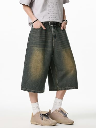 Men's Wide Leg Vintage Denim Shorts with Elastic Waistband Y2K Harajuku Fashion Loose Baggy Grunge Denim Bottoms (Vintage Blue,Large) — view 2