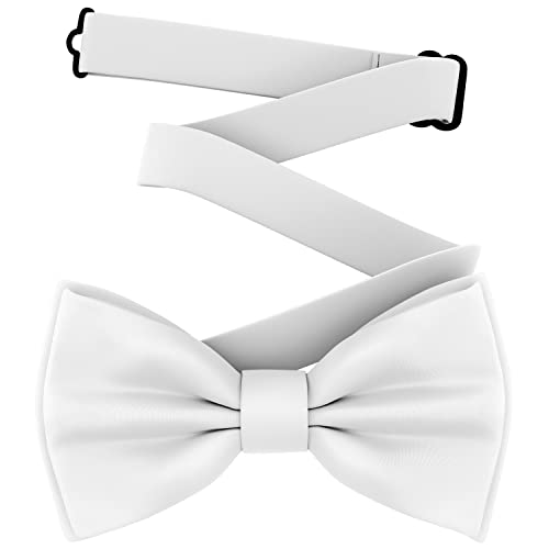 Adam Young Boy's White Bow Tie Pre-Tied Style Formal Satin Classic Bowtie for Tuxedo Faux Silk (Medium, White)