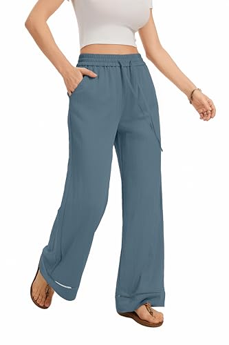 Image of KICZOY Women Flowy Pants Drawstring Waist Wide Leg Palazzo Beach Pants Loose Fit with Pockets
