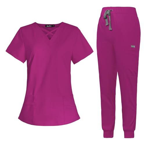 Image of VIAOLI Scrubs for Women Set Modern V-Neck Top & 8 Pocket Jogger Pants Nursing Uniform Solid Stretch Workwear