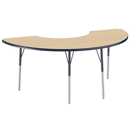 Image of FDP Half Moon Activity School and Office Table (36 x 72 inch), Standard Legs with Swivel Glides for Collaborative Seating Environments, Adjustable Height 19-30 inches - Maple Top and Navy Edge