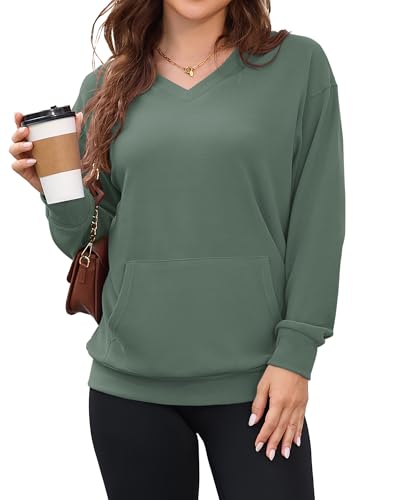 AUSELILY Womens Long Sleeve Sweatshirt Casual Fall V Neck Hoodless Pullover Tops with Pockets Forest Green Large
