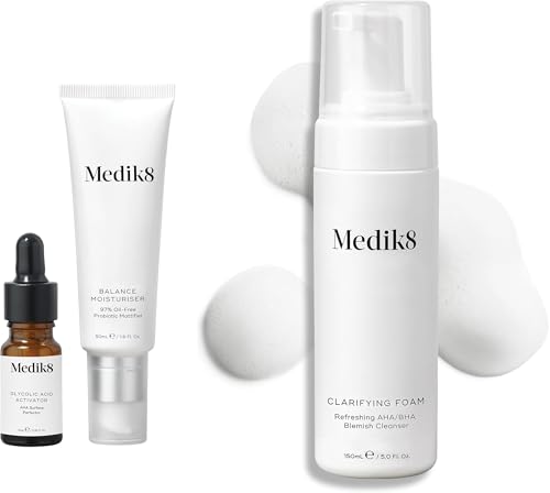 Medik8 Balance Moisturiser (50ml) & Glycolic Acid Activator (10ml) & Clarifying Foam (150ml) - 97% Oil-Free Probiotic Mattifier & Refreshing AHA/BHA Blemish Cleanser