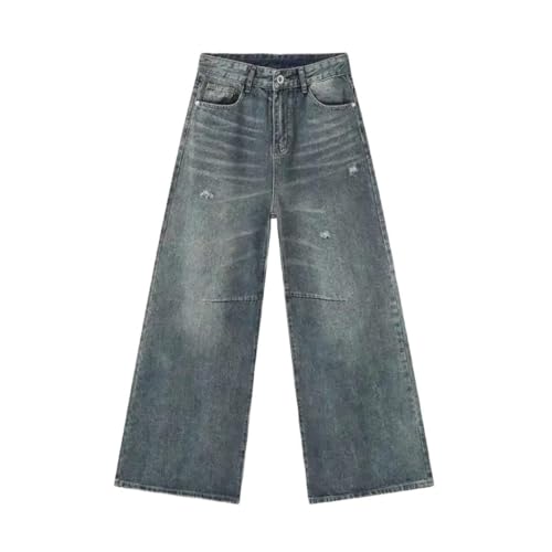 Mens Denim Pants Washed Straight Casual Wide Leg Loose Fit Trousers Summer Streetwear