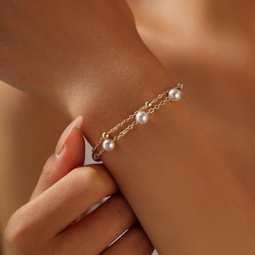 enasal 1/4/6Pcs Bridesmaid Proposal Gifts,Gold Pearl Bracelets for Women,18K Gold Plated Layered Bracelets for Wedding Bridal Party2