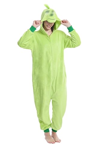 dressfan Grüner Weihnachts Monster Onesie Pyjama Kostüm Jumpsuits Weihnachten Pyjamas Cosplay Kostüm Halloween Schlafanzug für Unisex Erwachsene Jugendliche L