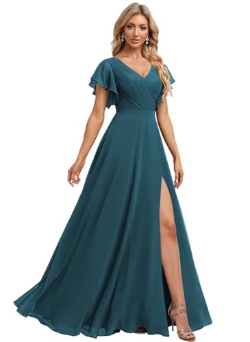 IKMNN Short Sleeve A Line Bridesmaid Dresses for Women Side Slit Pleated Formal Dress IK026