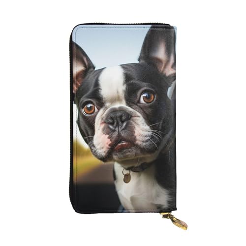 Portefeuille long pour femme en cuir avec un motif de chiot Terrier de Boston et grand volume