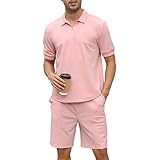 FZNHQL Men Outfits 2 Piece Shorts Set Trendy Tracksuit Fashion Polo Track Suit for Summer Casual Wear Sweatsuits Sets Jogging Suit Pink XX-Large
