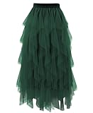 THHGPO Tulle Skirts for Women A Line Fairy Tiered Skirt Midi Length High Elastic Waist Long Skirt Dark Green S
