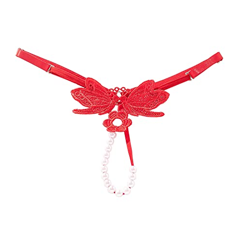 String réglable avec perles et entrejambe ouvert pour femme, rouge, taille unique