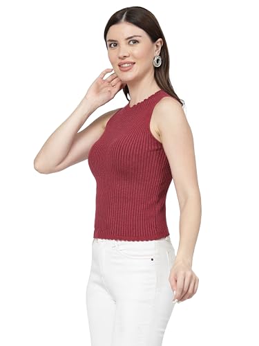 Image of Kalt Womens Knitted, Ribbed Cotton Fitted Sleeveless Round Neck Cami Tank Top