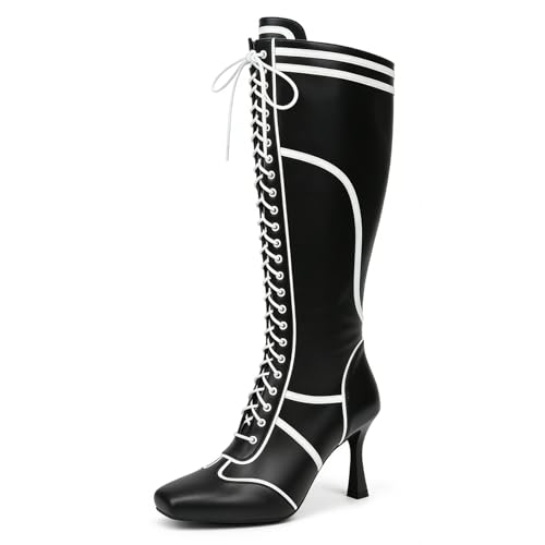 Alsoloveu Womens Knee High Boots Square Toe Kitten Heel Long Boots Casual Side Zipper Tall Boot White 9.5