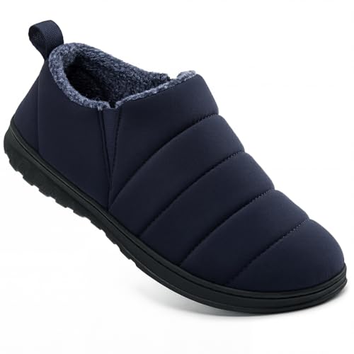 VeraCosy Men's Warm Quilted Memory Foam Ankle Mule Slippers Cosy Indoor Outdoor House Shoes with Elastic Gores Navy Blue, 11 UK
