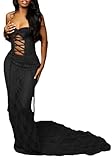 Unybwonn Sexy Evening Gowns for Women Sleeveless Bodycon Tube Sheer Lace up Floor Length Dress Off Shoulder Mesh Long Dress Black